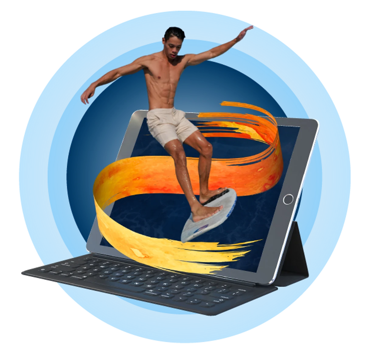 Surfer riding a wave out of a tablet with keyboard