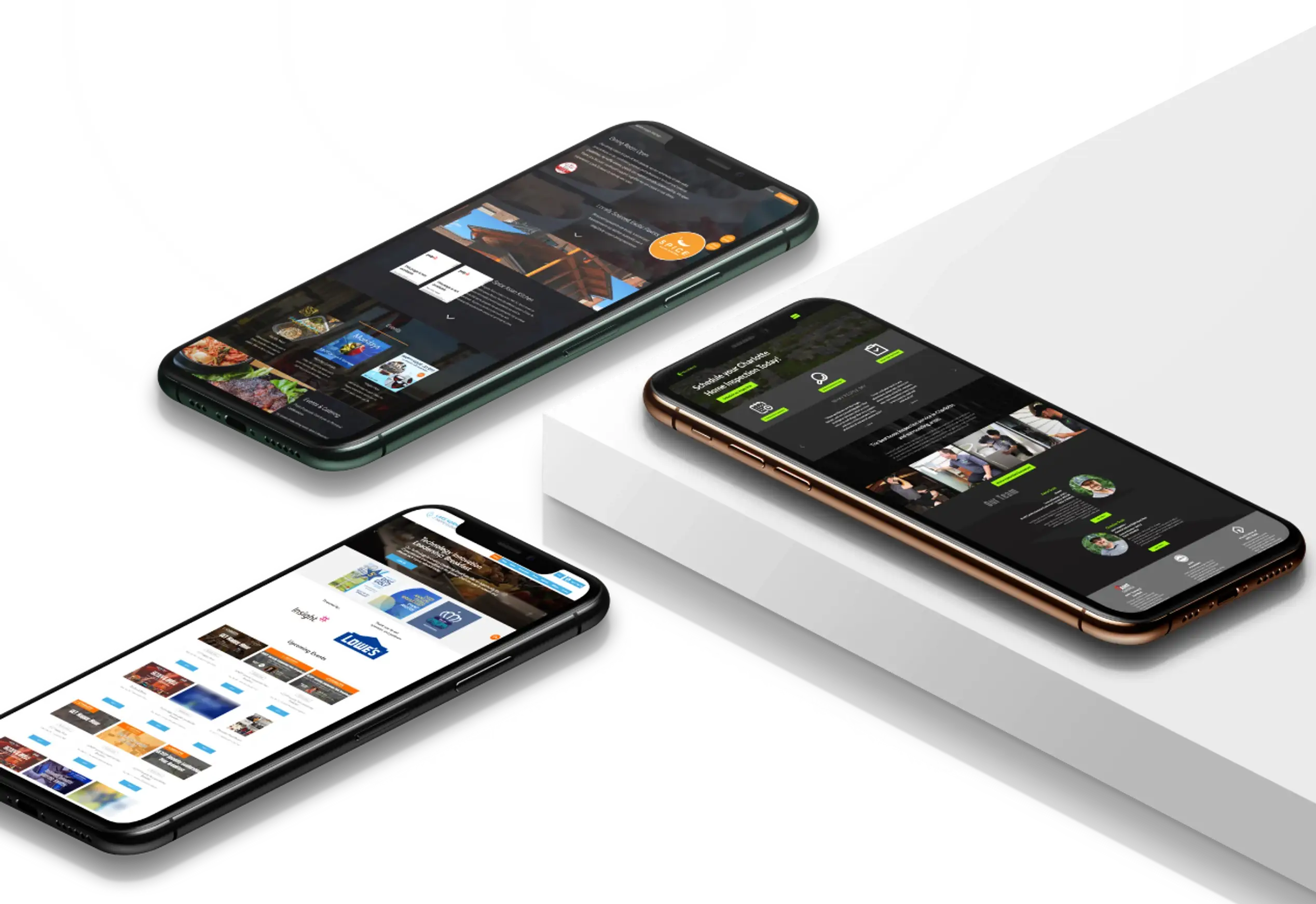 Three phones showing websites designed by Next Wave Services