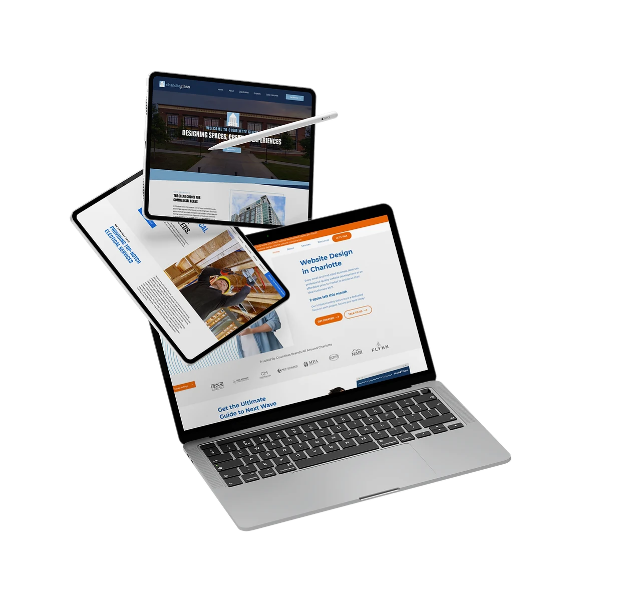 Next Wave Services website designs shown on a laptop and two tablets